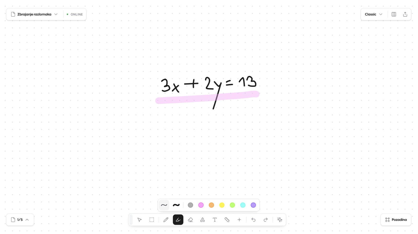 Snap Board: jednadžba 3x + 2y = 13 istaknuta markerom